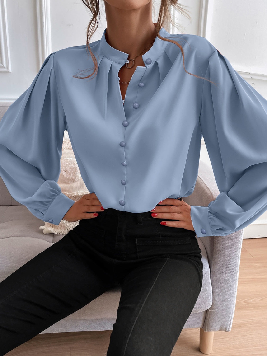 Working Late Mock Blouse -Gum Leaf
