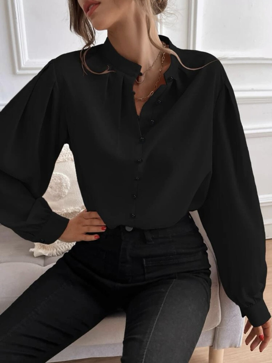 Working Late Mock Blouse -Gum Leaf