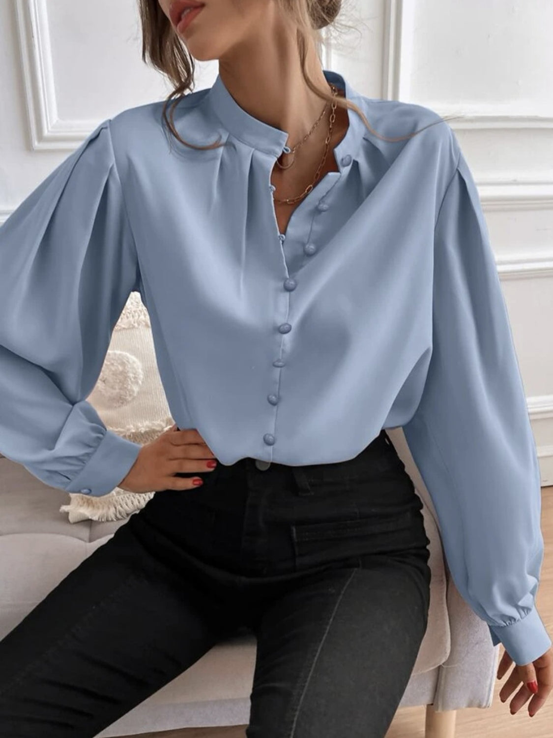 Working Late Mock Blouse -Gum Leaf