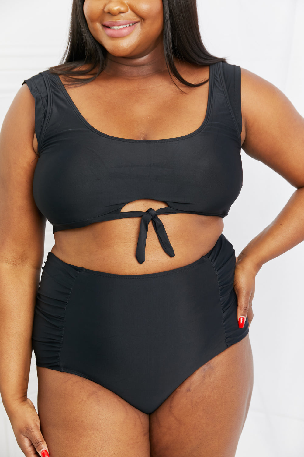 Marina West Swim Sanibel Crop Swim Top and Ruched Bottoms Set -Black