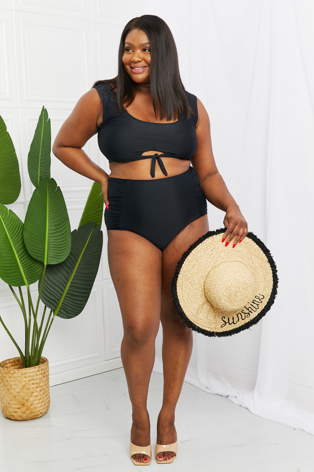 Marina West Swim Sanibel Crop Swim Top and Ruched Bottoms Set -Black