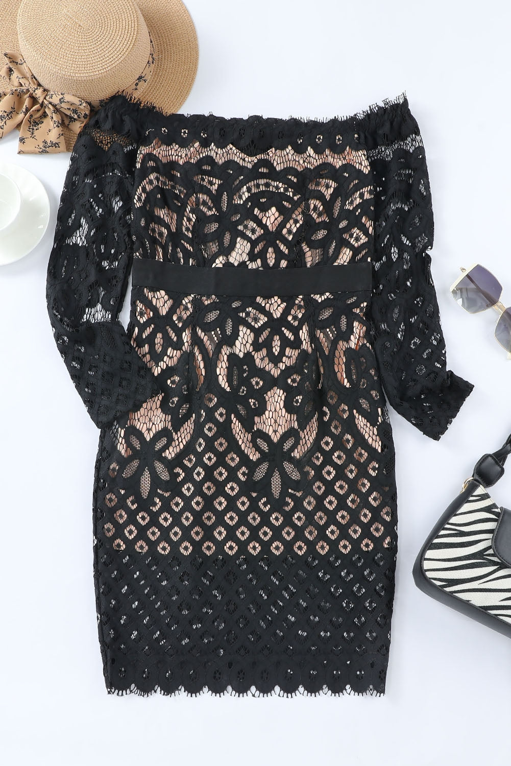 "Check Plz" Off-Shoulder Lace Dress -Black