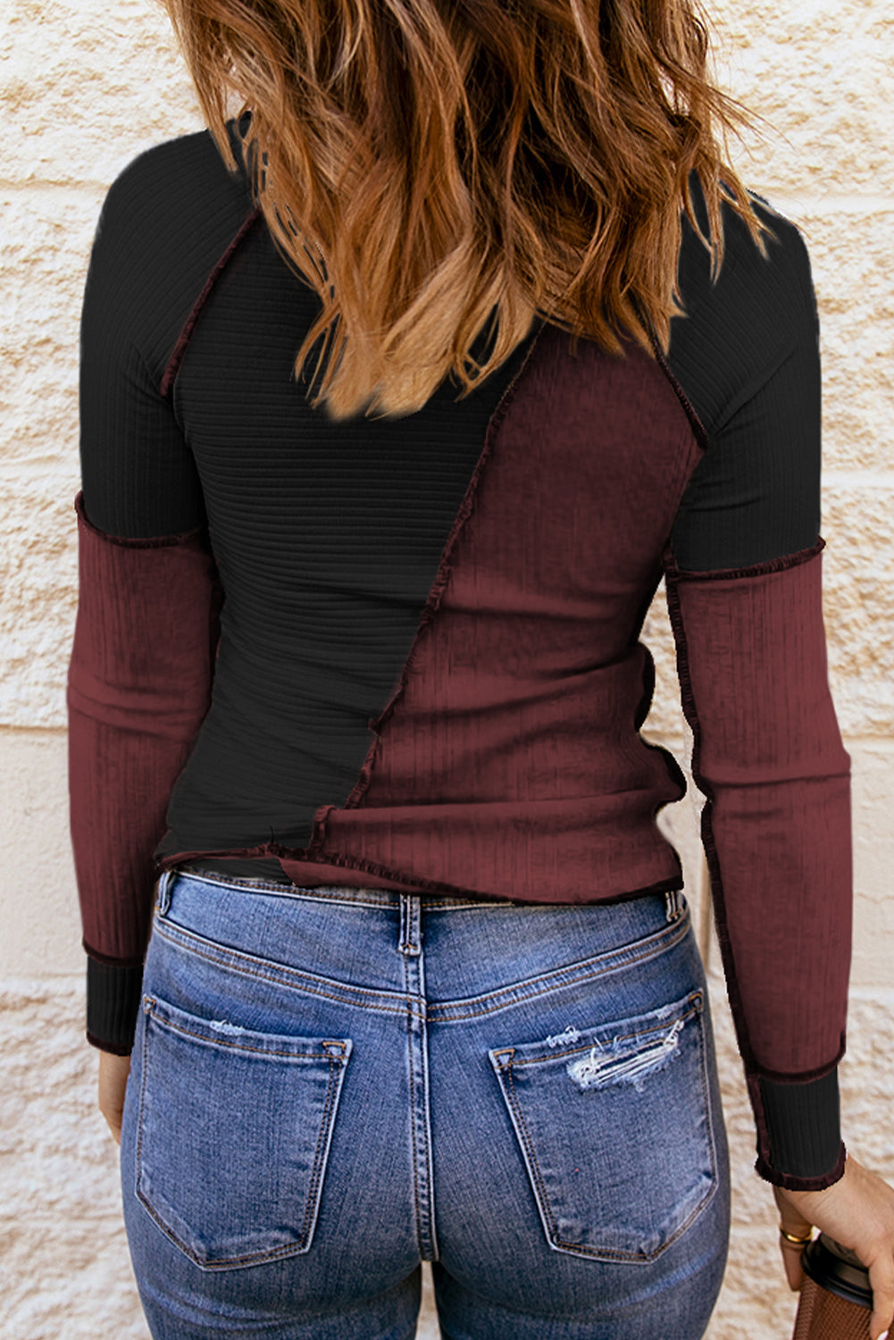 Terry Color Block Long Sleeve Tee -Chestnut
