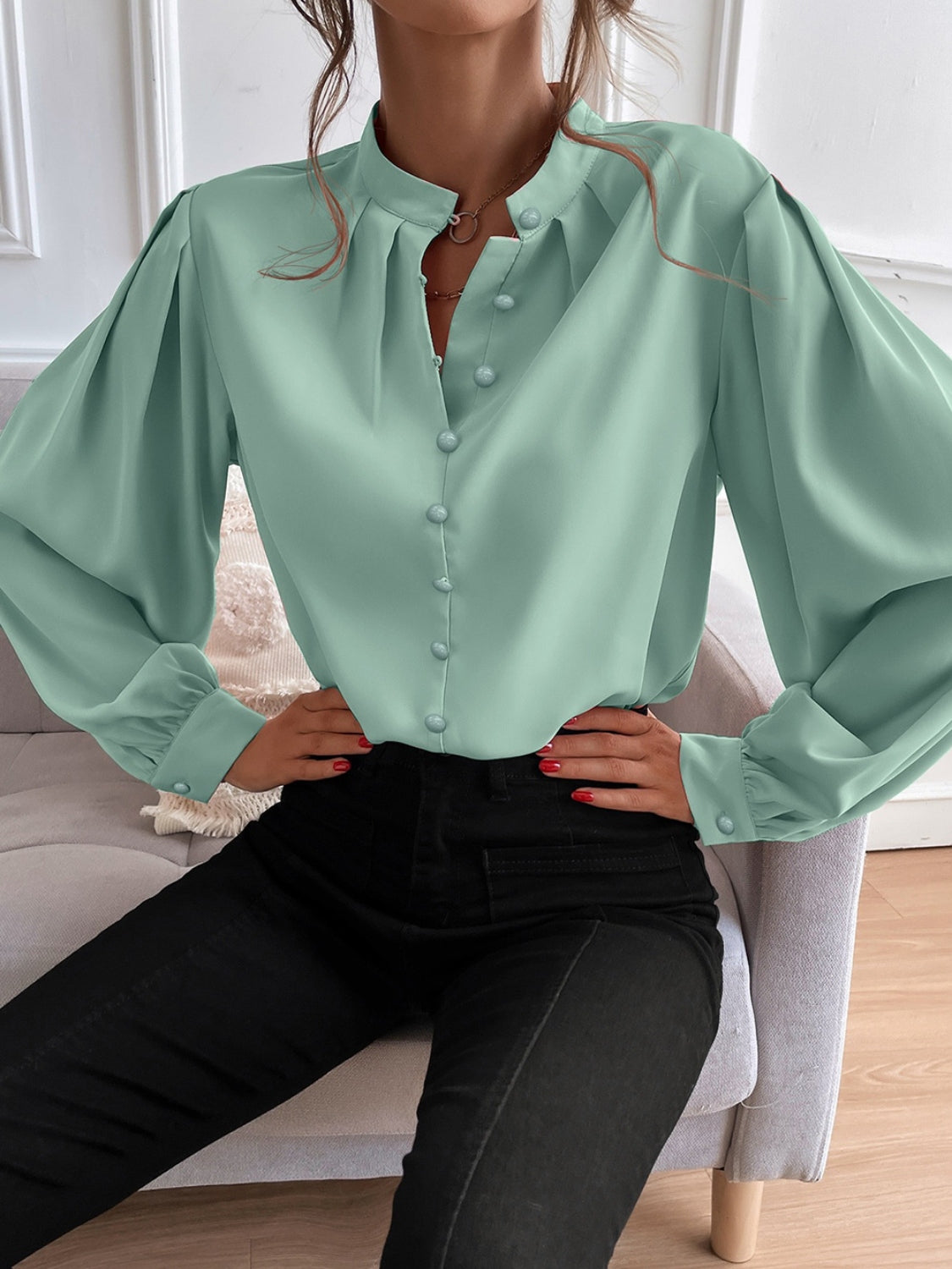Working Late Mock Blouse -Gum Leaf