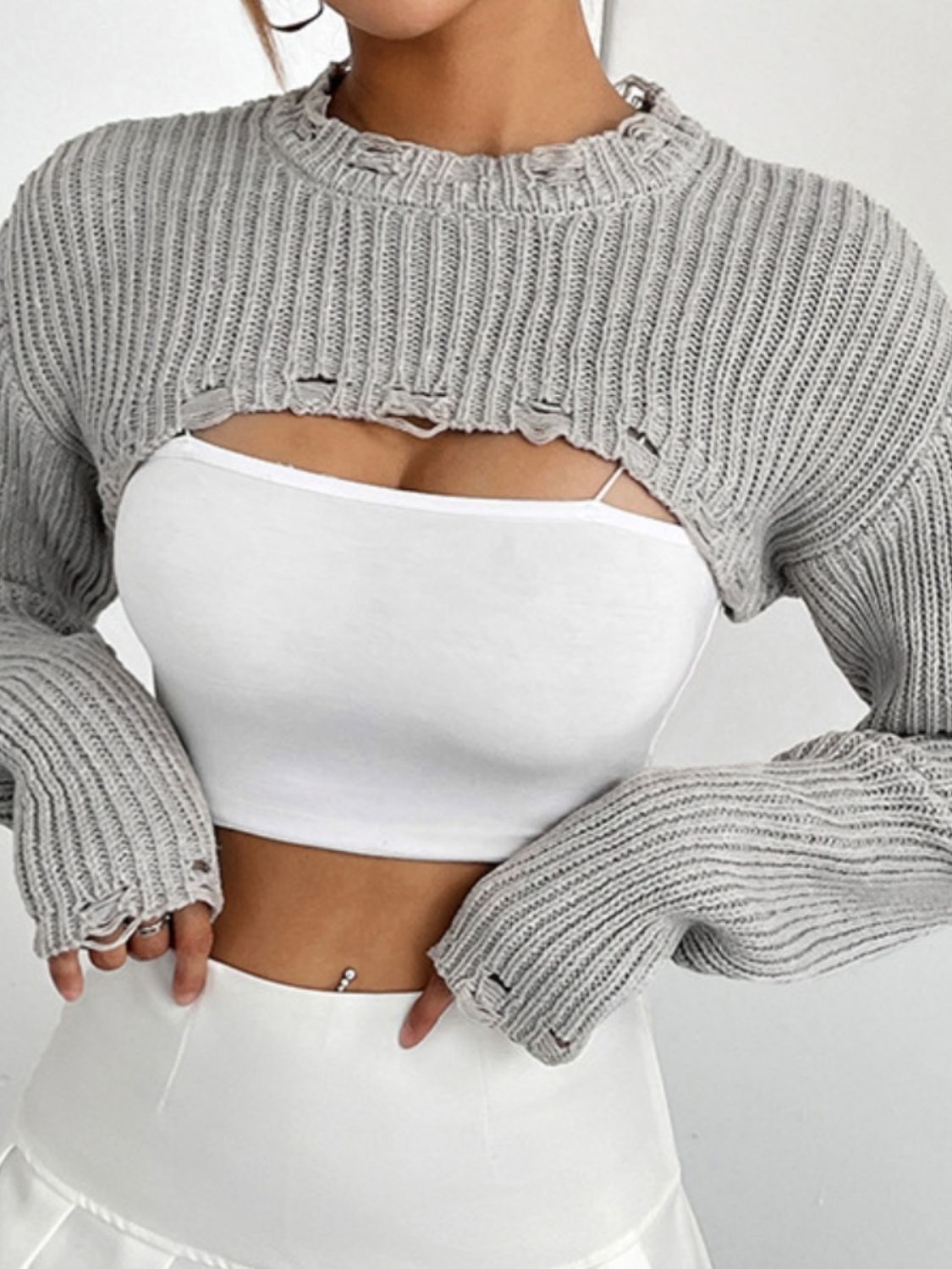 Distressed Long Sleeve Cropped Sweater