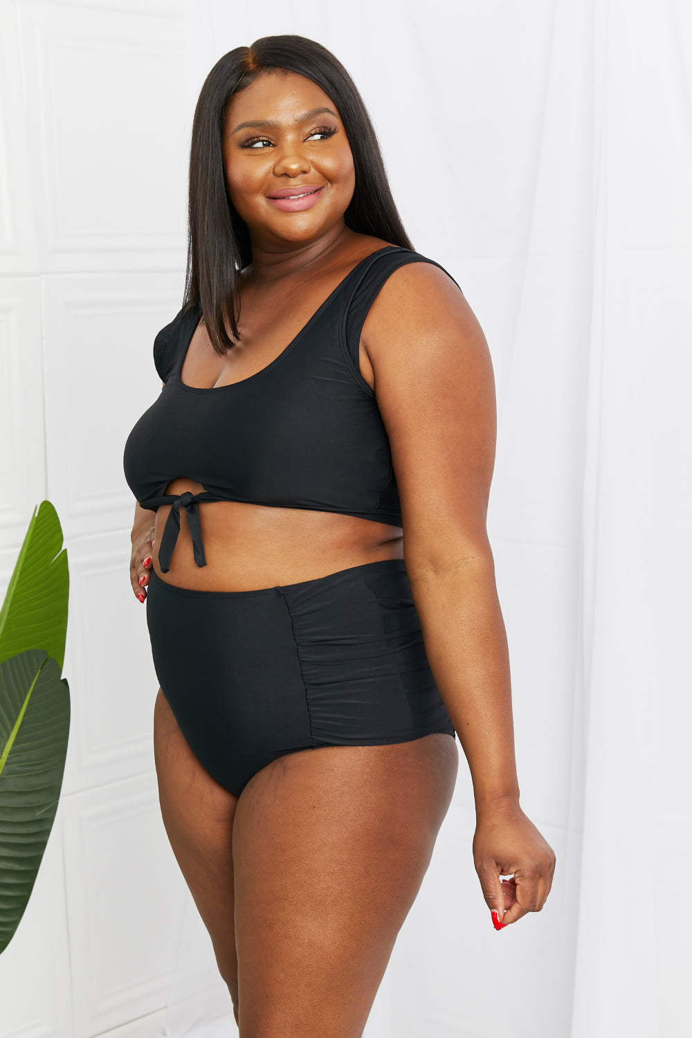 Marina West Swim Sanibel Crop Swim Top and Ruched Bottoms Set -Black