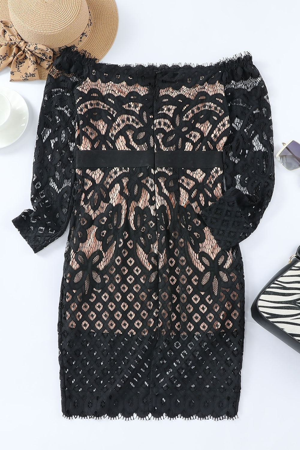 "Check Plz" Off-Shoulder Lace Dress -Black