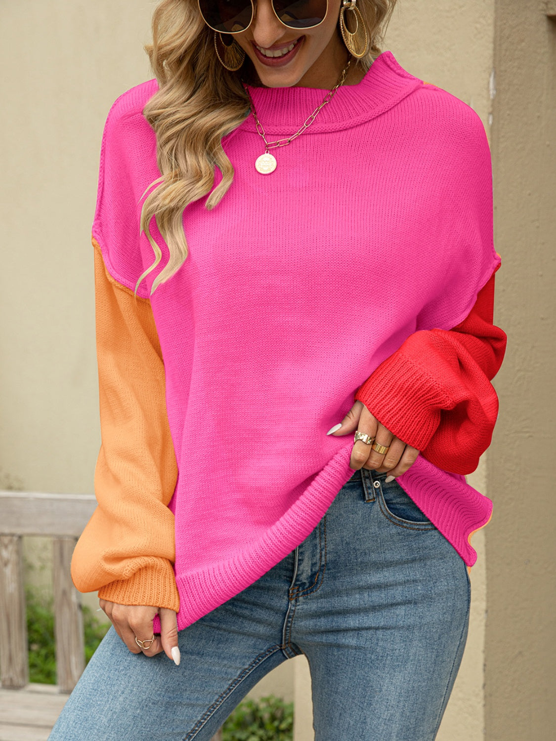 Cozy Color Block Sweater -Dust Storm