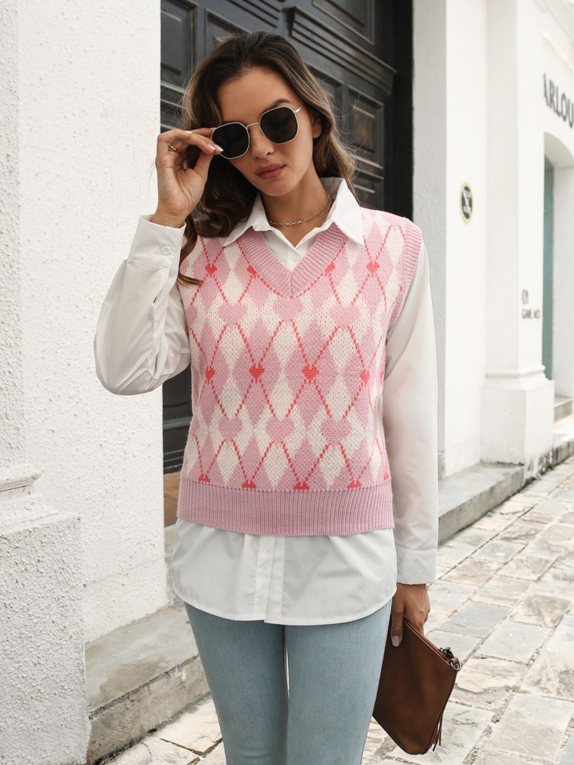Duties Geometric Sweater Vest -Blush Pink