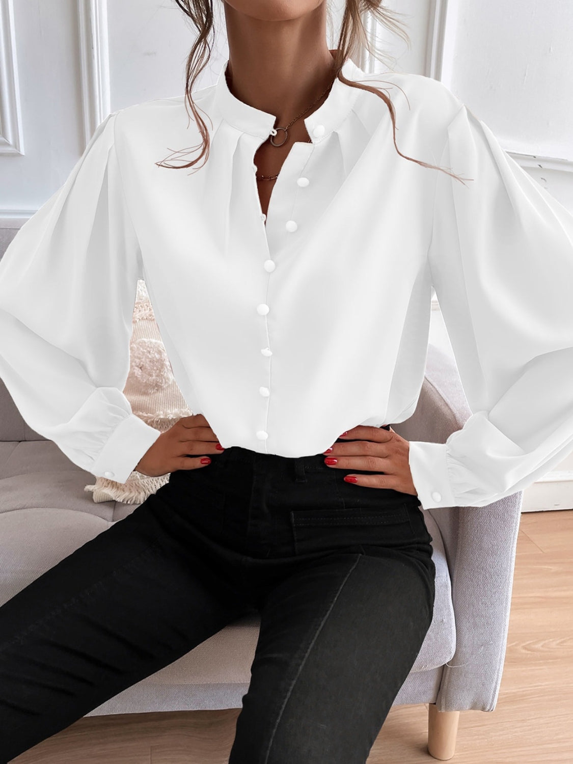 Working Late Mock Blouse -Gum Leaf