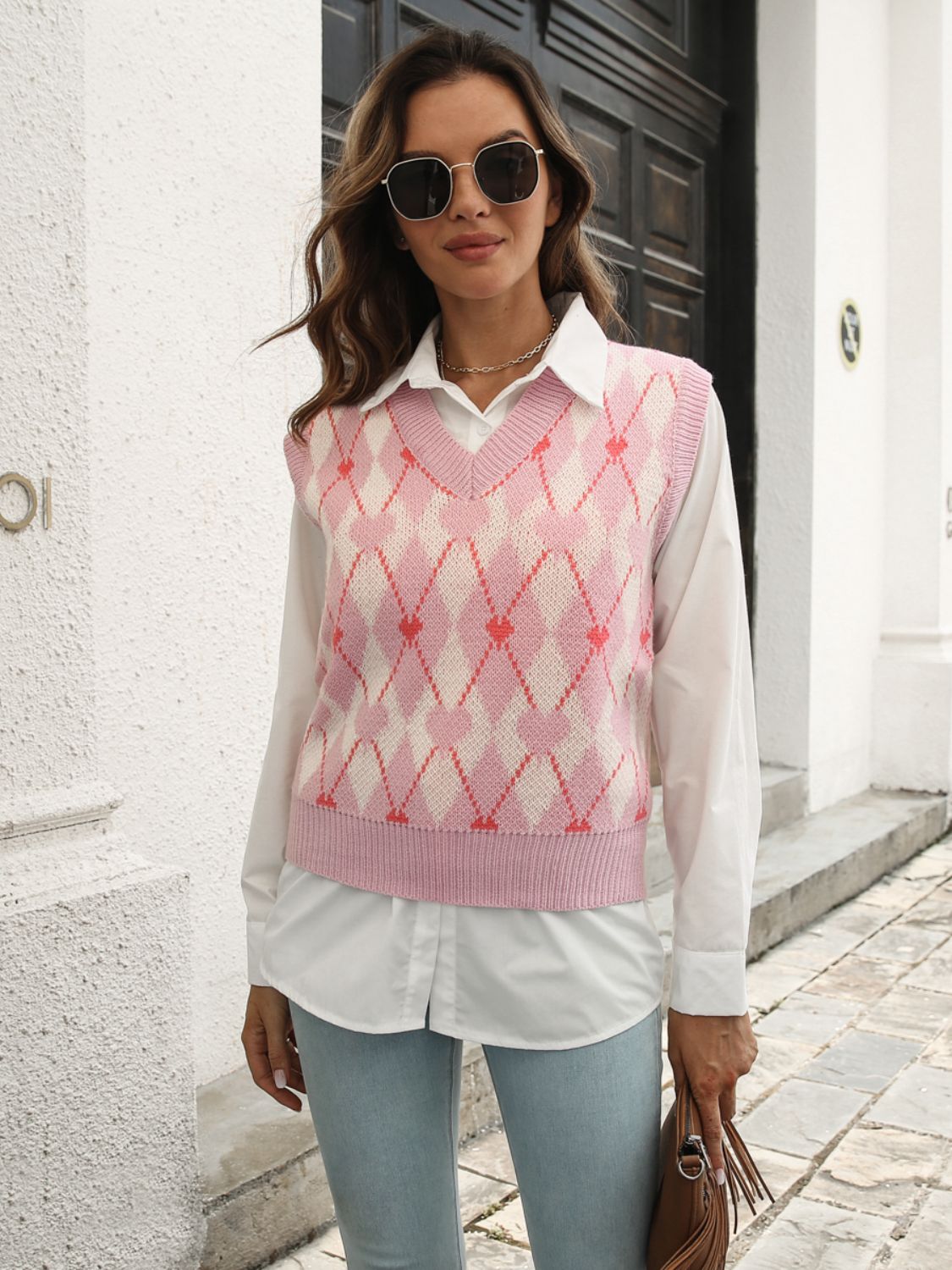 Duties Geometric Sweater Vest -Blush Pink