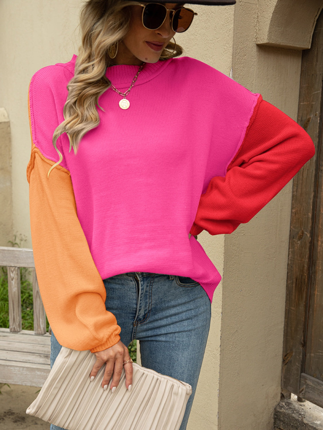 Cozy Color Block Sweater -Dust Storm