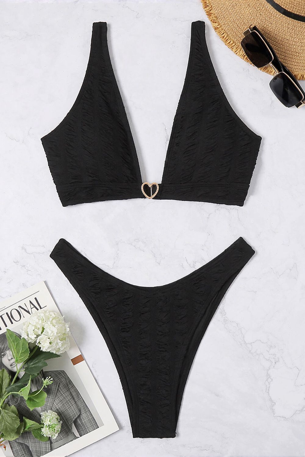 Lovely High Cut Bikini Set -Black