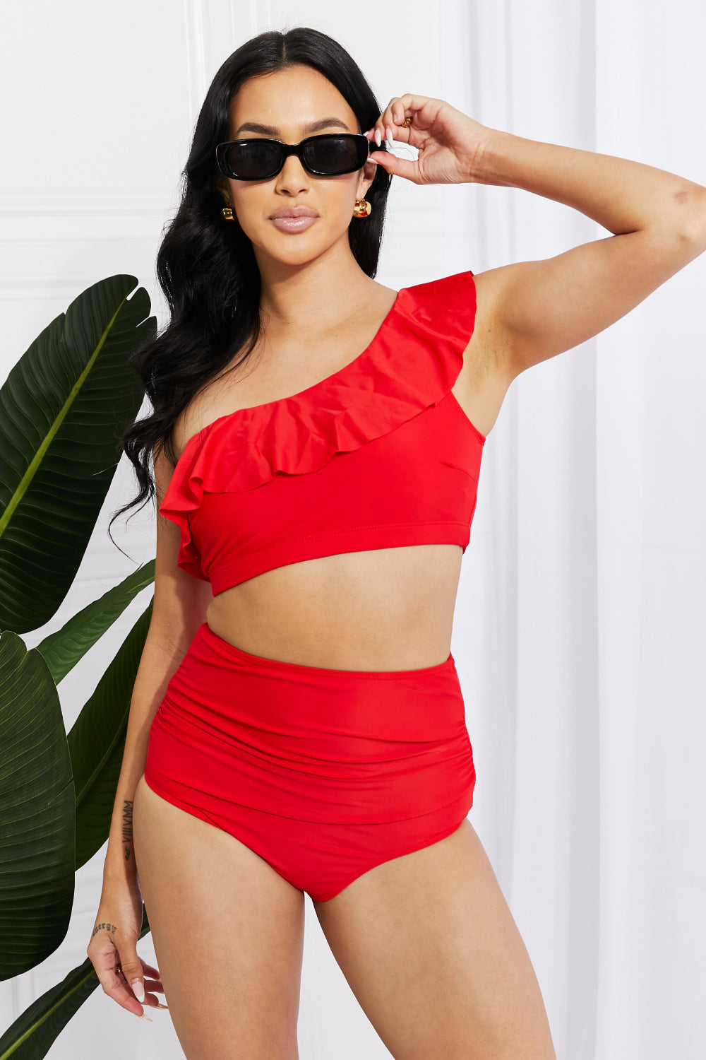 Marina West Swim Seaside Romance Ruffle One-Shoulder Bikini -Red