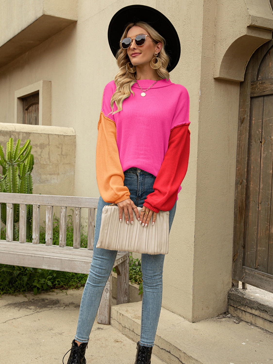 Cozy Color Block Sweater -Dust Storm