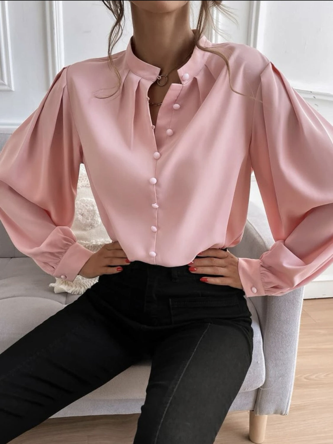 Working Late Mock Blouse -Gum Leaf