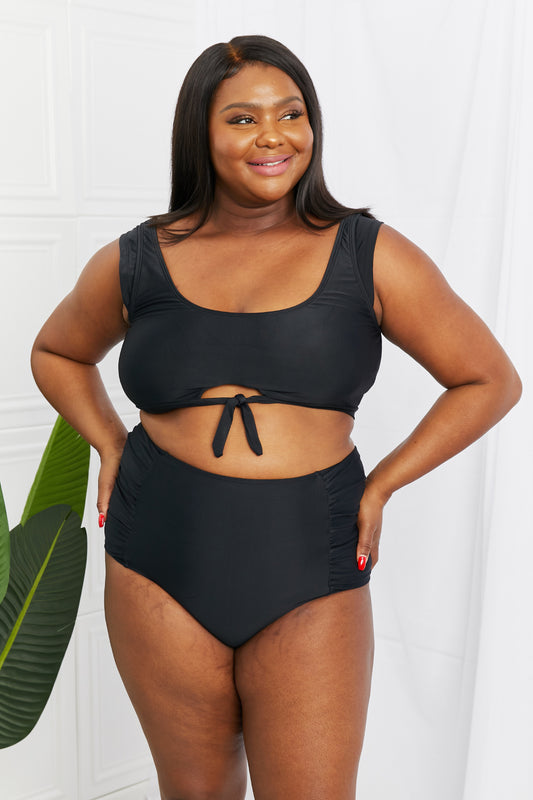 Marina West Swim Sanibel Crop Swim Top and Ruched Bottoms Set -Black